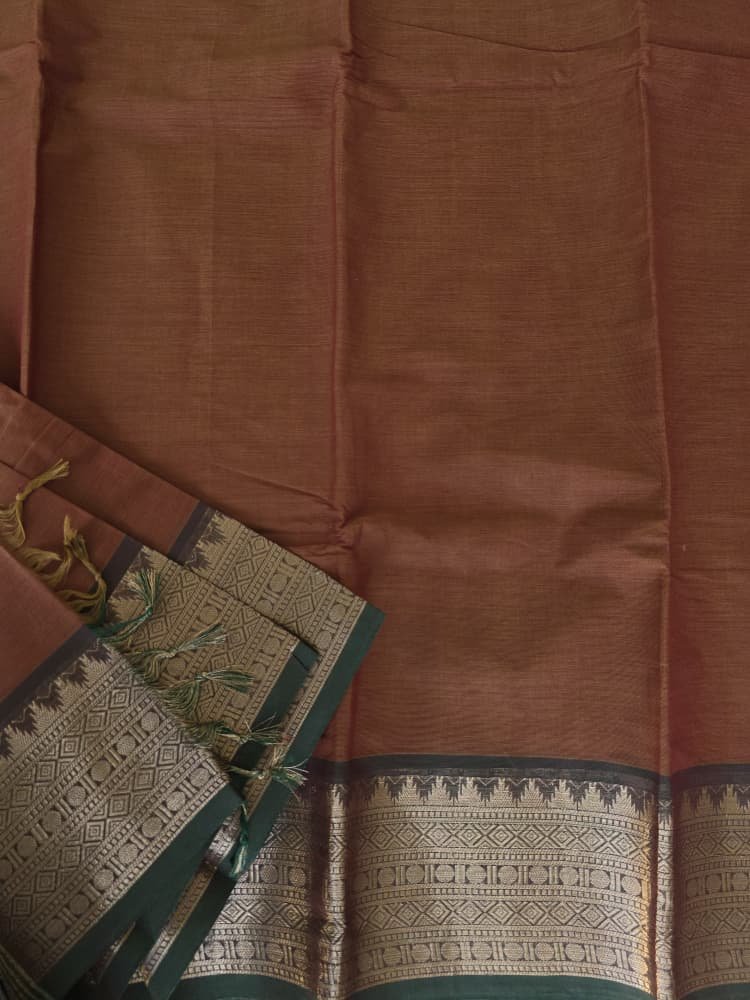 Chettinad Cotton Saree in Terracotta with Green Border | Gopuram Motifs