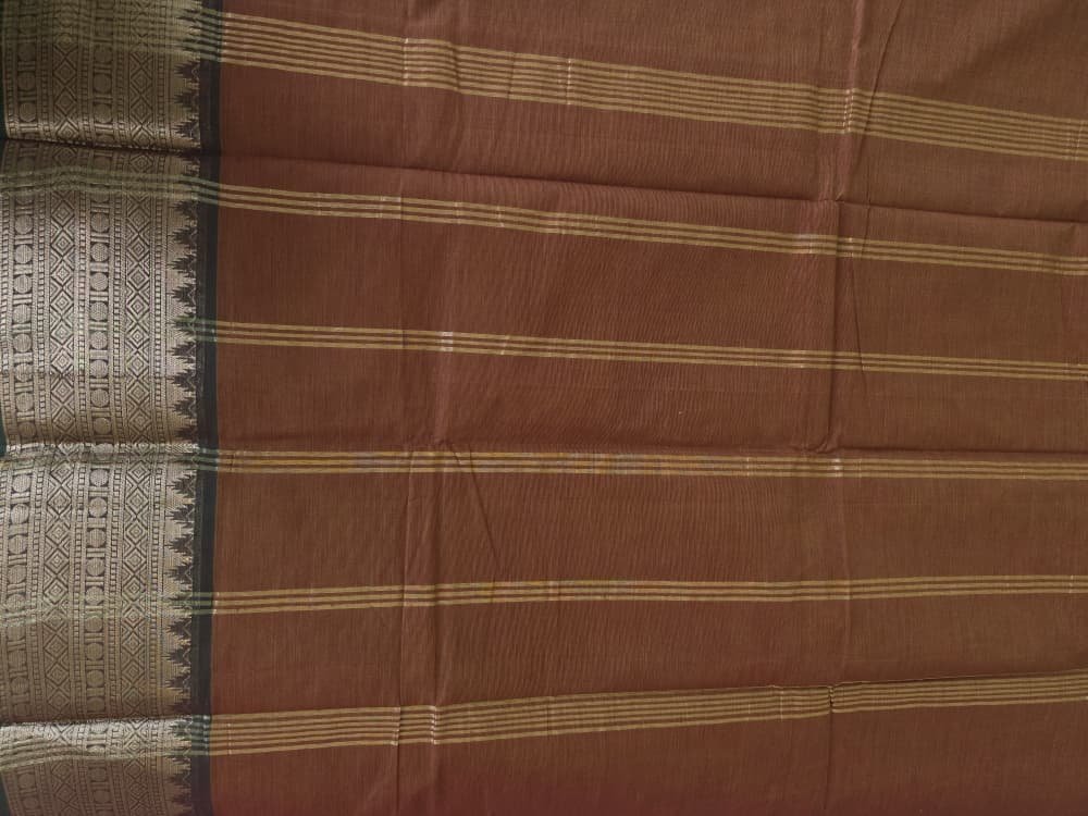 Chettinad Cotton Saree in Terracotta with Green Border | Gopuram Motifs - Image 2