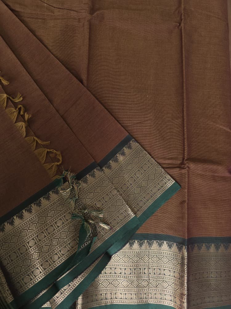 Chettinad Cotton Saree in Brown with Green Border | Gopuram Motifs