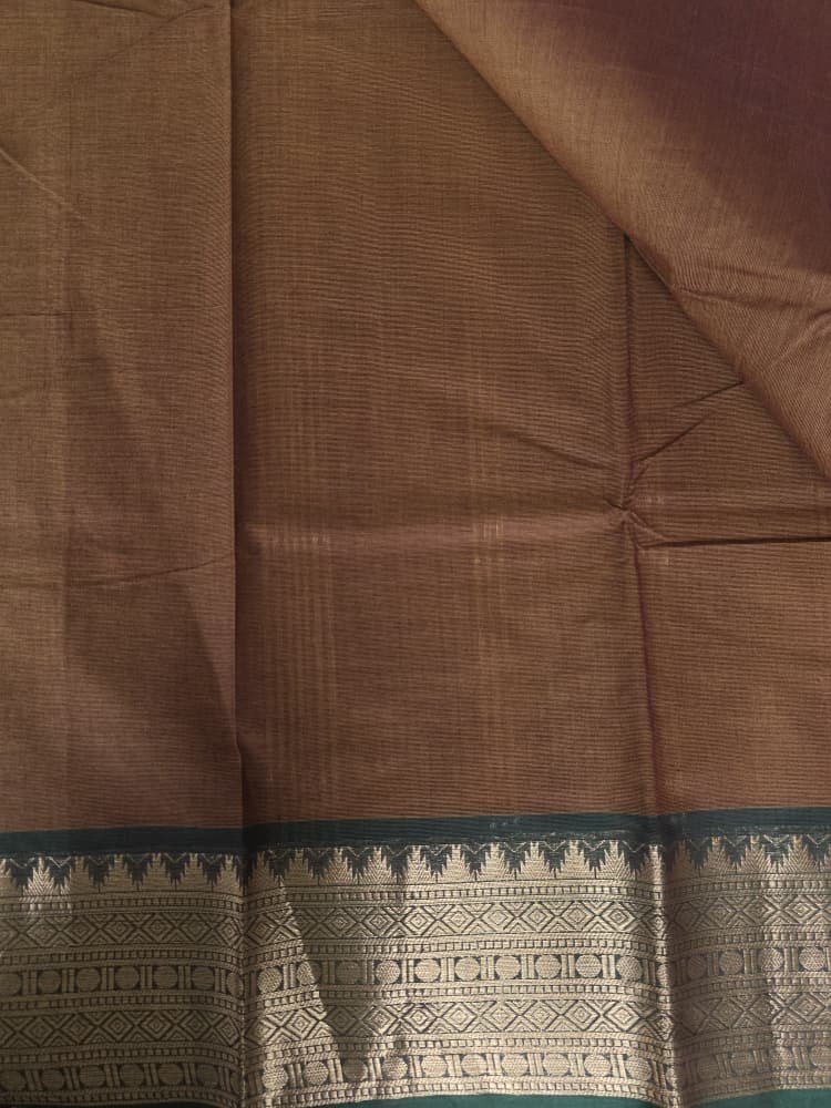 Chettinad Cotton Saree in Brown with Green Border | Gopuram Motifs - Image 2