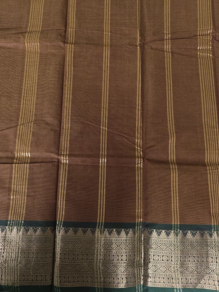 Chettinad Cotton Saree in Brown with Green Border | Gopuram Motifs - Image 3