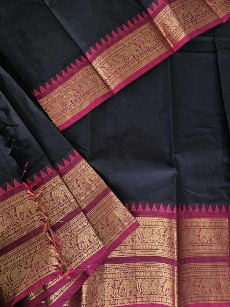 Chettinad Cotton Saree in Red with  Border | Gopuram & Mayil Motifs