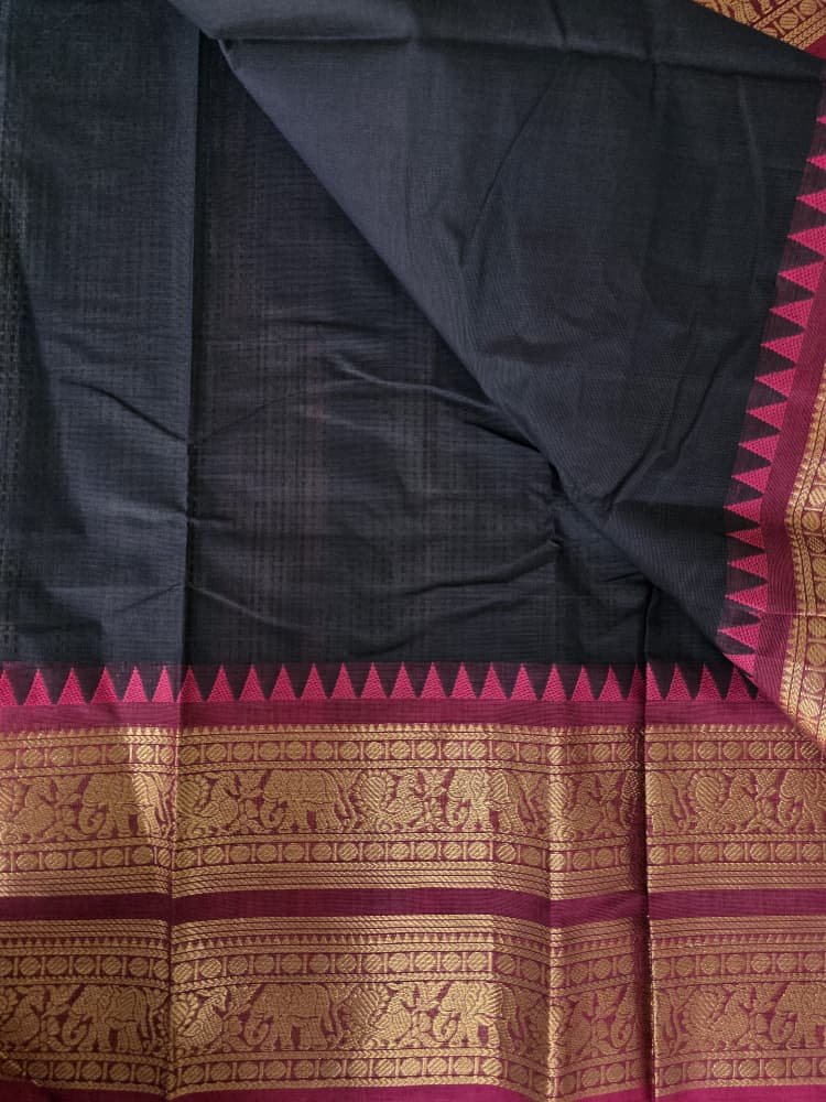 Chettinad Cotton Saree in Red with Border | Gopuram & Mayil Motifs - Image 2