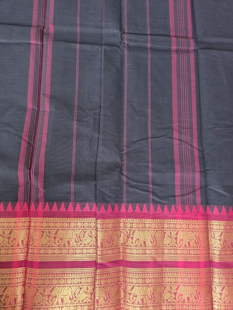 Chettinad Cotton Saree in Red with Border | Gopuram & Mayil Motifs - Image 3