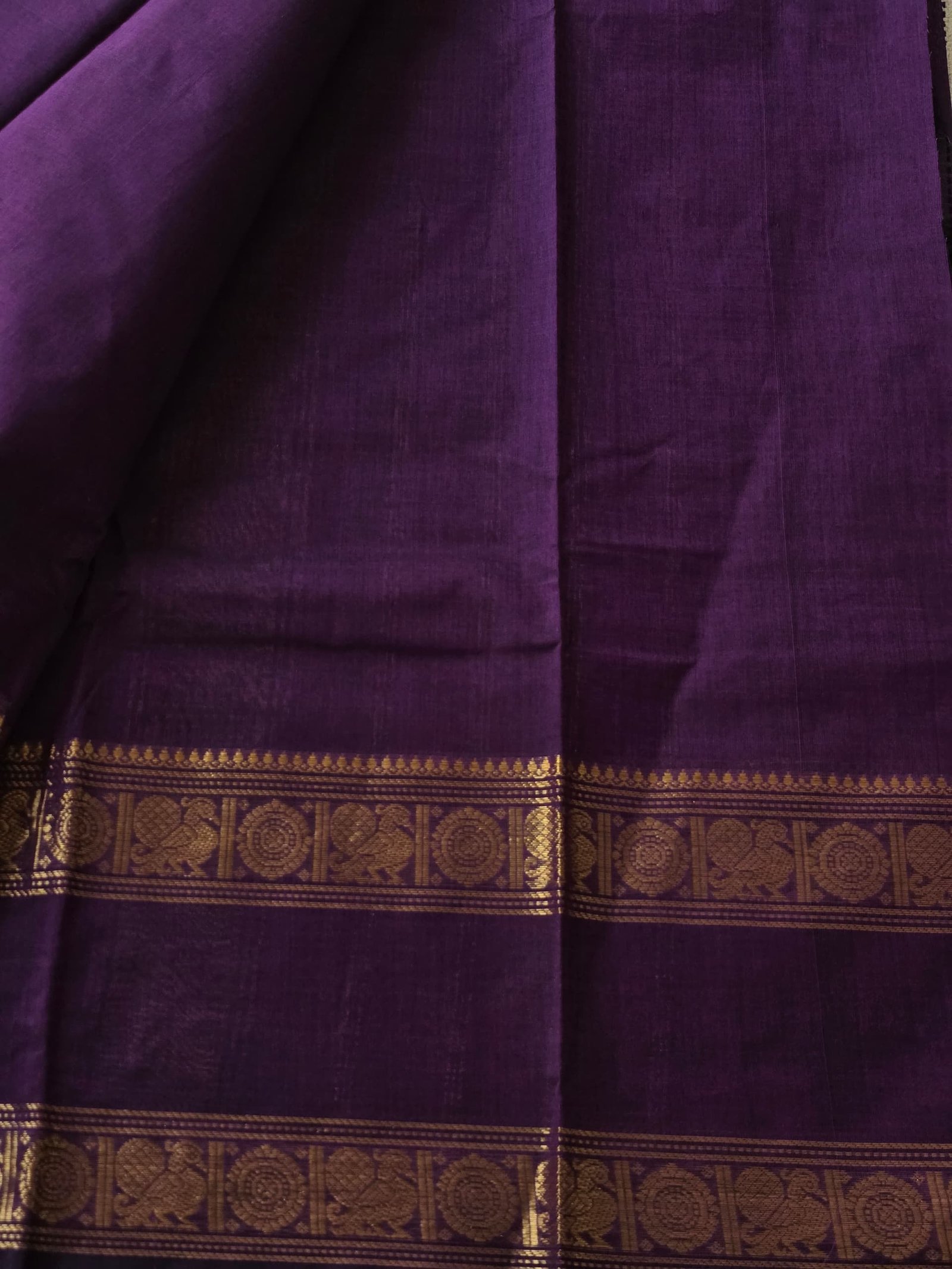 Chettinad Saree in Purple with Gold Border | Ruthratcham & Peacock Motifs - Image 2