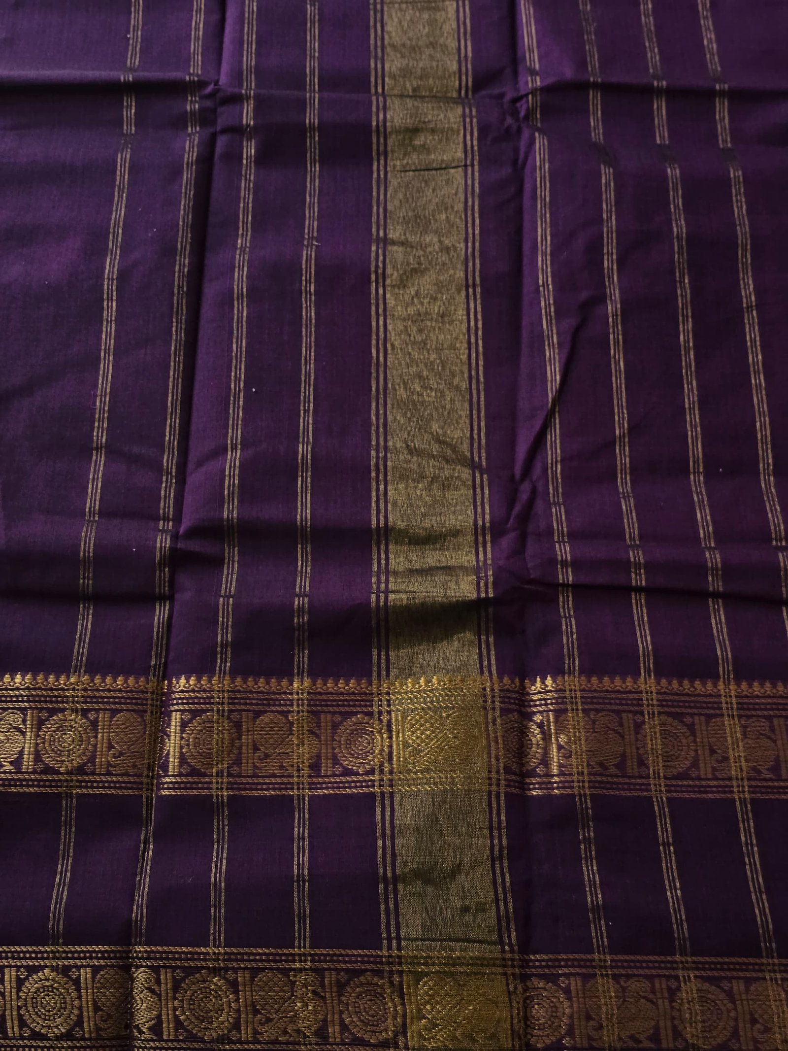 Chettinad Saree in Purple with Gold Border | Ruthratcham & Peacock Motifs - Image 3