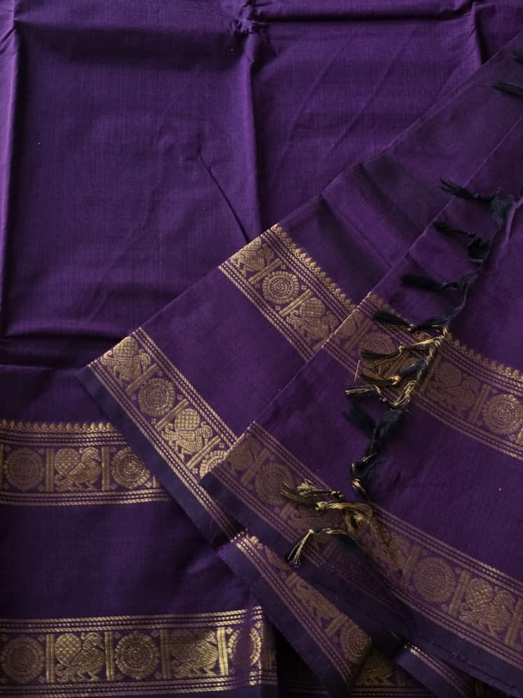 Chettinad Saree in Purple with Gold Border | Ruthratcham & Peacock Motifs